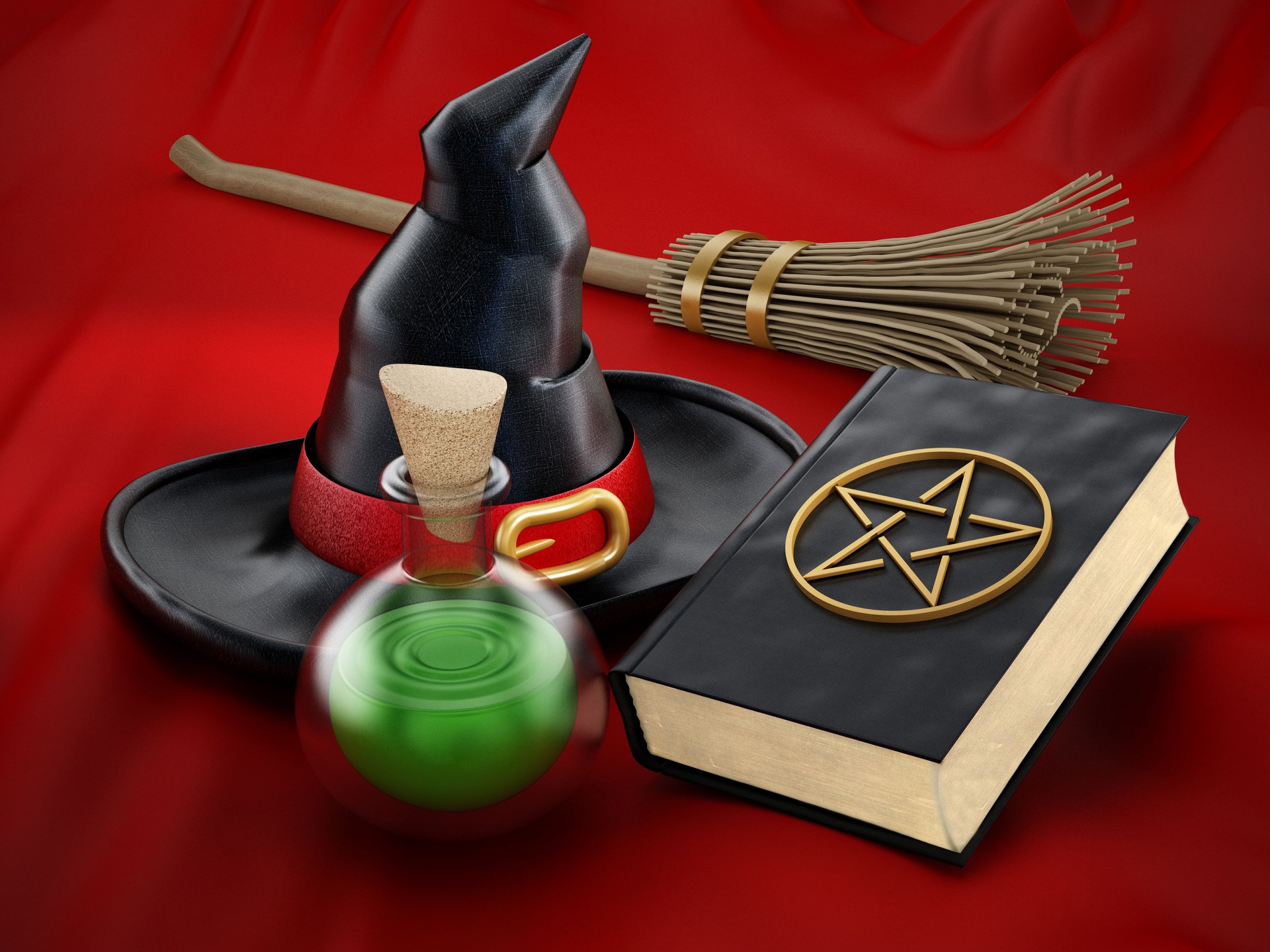 Witch hat, potion,broom and tome